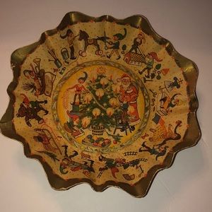 Vintage Christmas Pressed Paper Cardboard Bowl Santa’s Workshop Scene